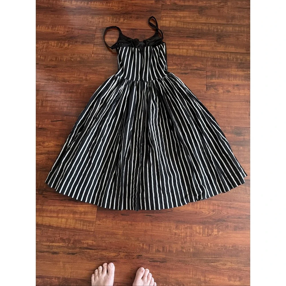 Pinup Couture Dress XS Black White Stripe Fit Flare Midi Pockets Lined Boning